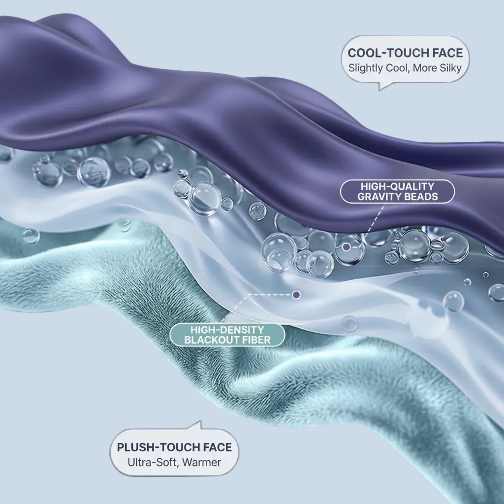 An explanatory graphic showing two layers of fabric: a cool, silky top layer labeled 'COOL-TOUCH FACE' with high-quality gravity beads, and a warmer, plush bottom layer labeled 'PLUSH-TOUCH FACE' with high-density blackout fiber, set against a dark blue background.