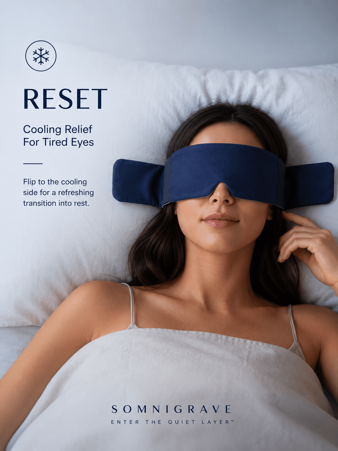 A woman lying in bed wearing a navy blue sleep mask with side wings, with text on the left reading 'RESET Cooling Relief For Tired Eyes' and the brand 'SOMNIGRAVE' at the bottom.