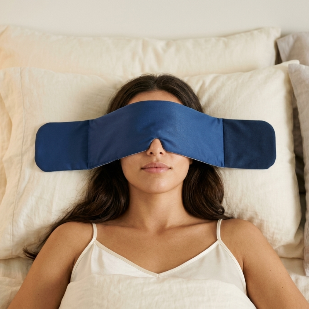 Woman resting on a pillow wearing the navy SomniGrave Weighted Sleep Mask.