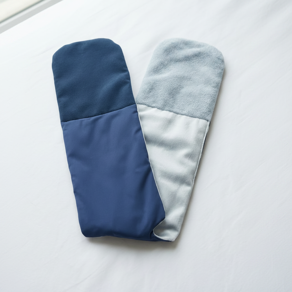 SomniGrave Weighted Sleep Mask lay on a white surface, one in navy ice silk side and one in light blue soft plush side, each with a smooth upper section and a plush lower section.