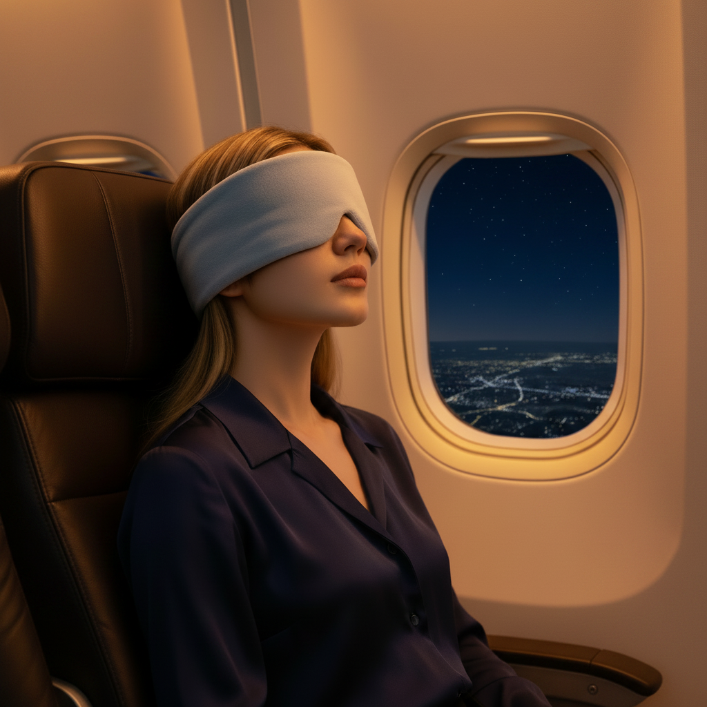 A woman is wearing a SomniGrave weighted sleep mask, sleeping on an airplane with a night view outside the window.