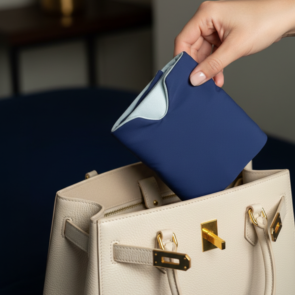 SomniGrave weighted sleep mask in navy blue, folded in card holder size, is being inserted into a beige handbag held by a person's hand.
