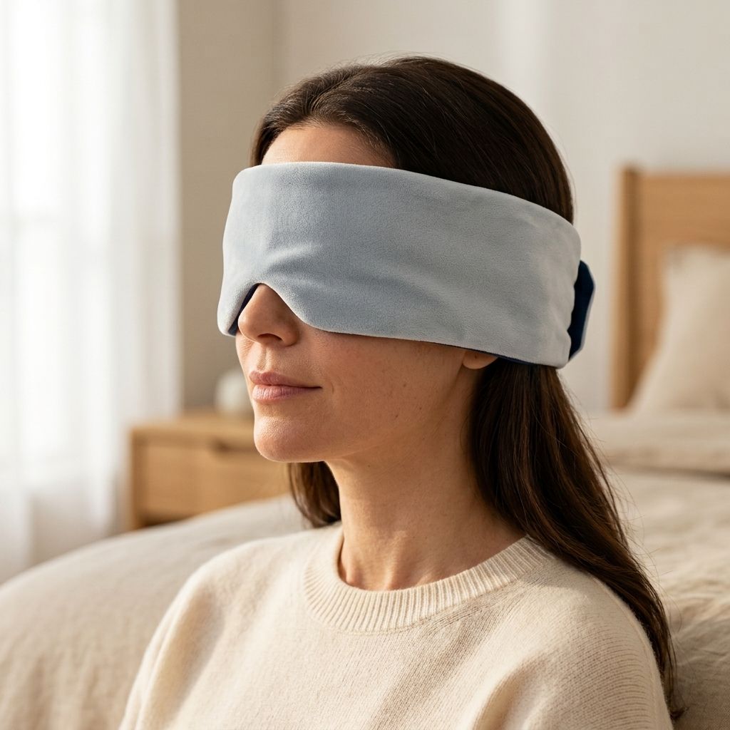 A woman wearing a SomniGrave  Weighted Sleep Mask sleep eye patch in a softly lit bedroom.